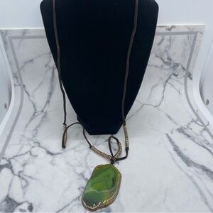Long Faux Green Agate Pendant Necklace
